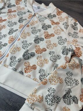 White Bomber Style Lightweight Zip Up  with Animal Print Mickey Pattern